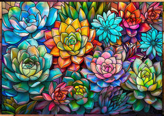 Puzzle en bois de verre coloré avec des succulentes - 1000 pièces
