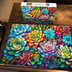 Puzzle en bois de verre coloré avec des succulentes - 1000 pièces