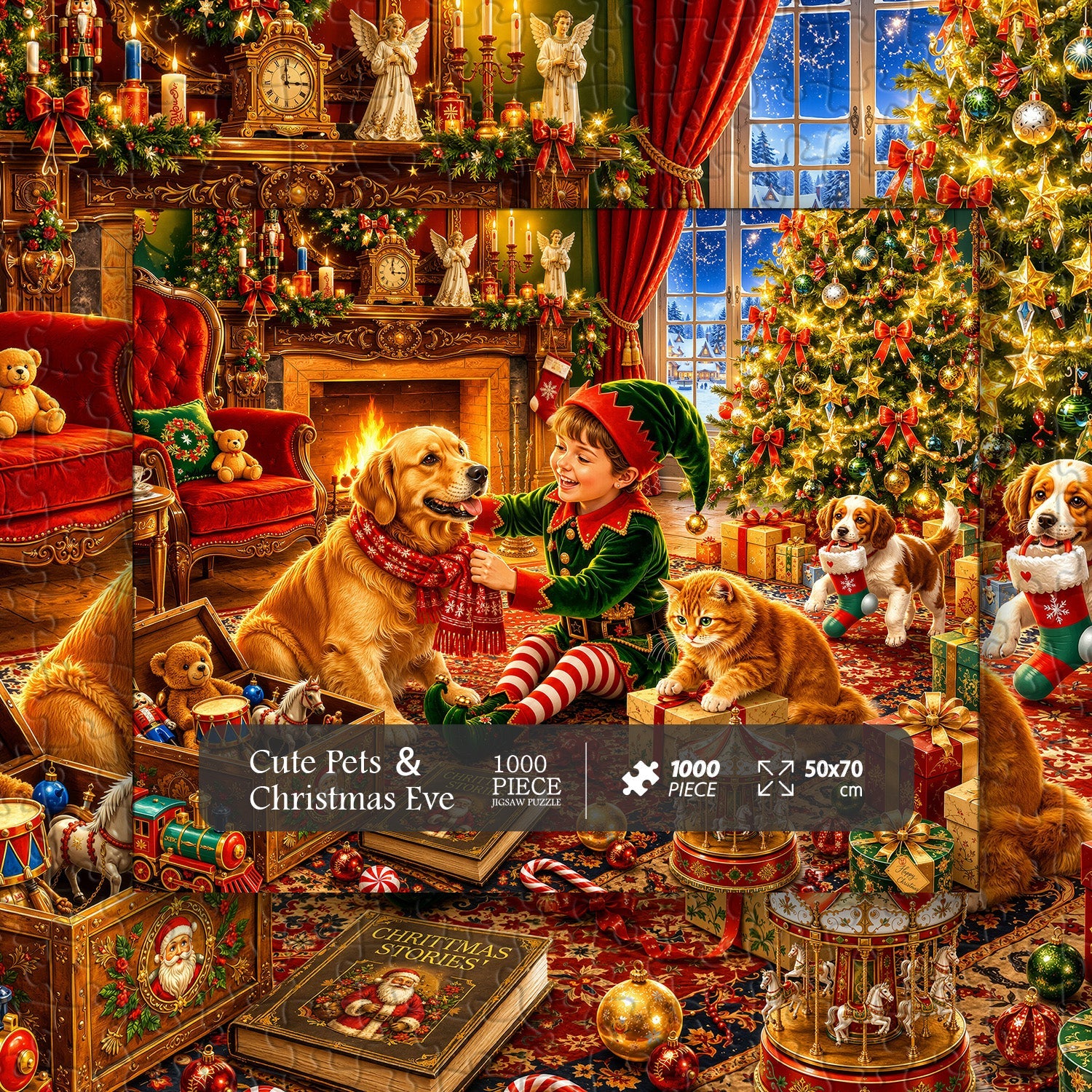 Cute Pets ＆ Christmas Eve Jigsaw Puzzle 1000 Pieces