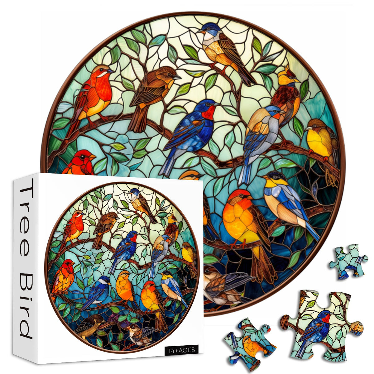 Buntglas-Puzzle mit Vogel- und Baummotiv, 1000 Teile