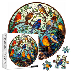Buntglas-Puzzle mit Vogel- und Baummotiv, 1000 Teile