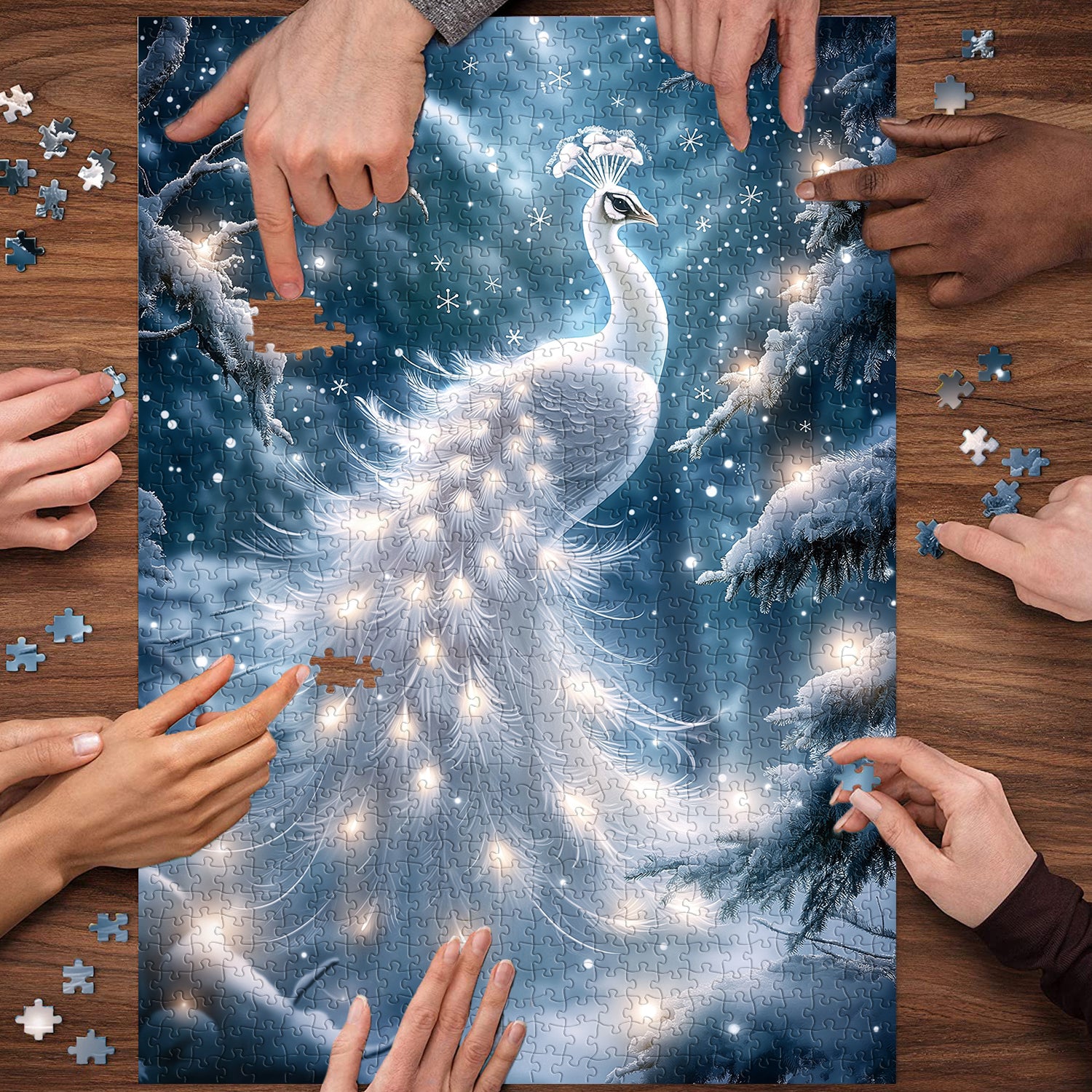 Schneebeleuchtetes Pfauen-Puzzle, 1000 Teile