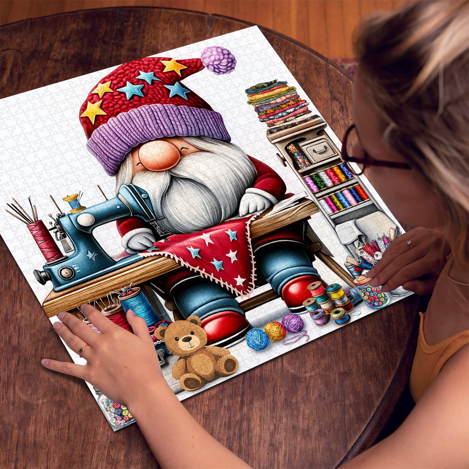 1000 Piece Jigsaw Puzzle - Cute Blue Gnome With Vintage Sewing Machine, Spring Art Theme