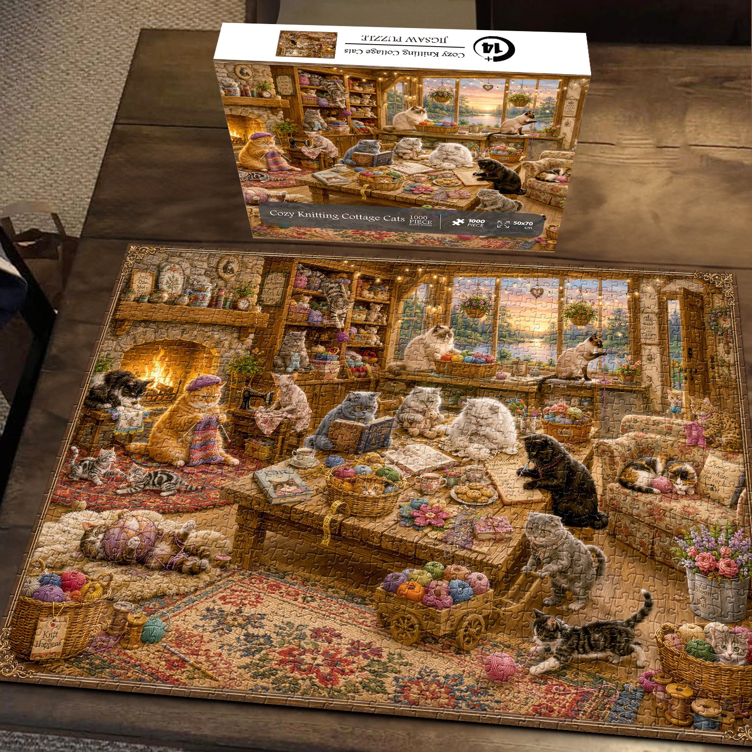 Cozy Knitting Cottage Cats Jigsaw Puzzle 1000 Piece